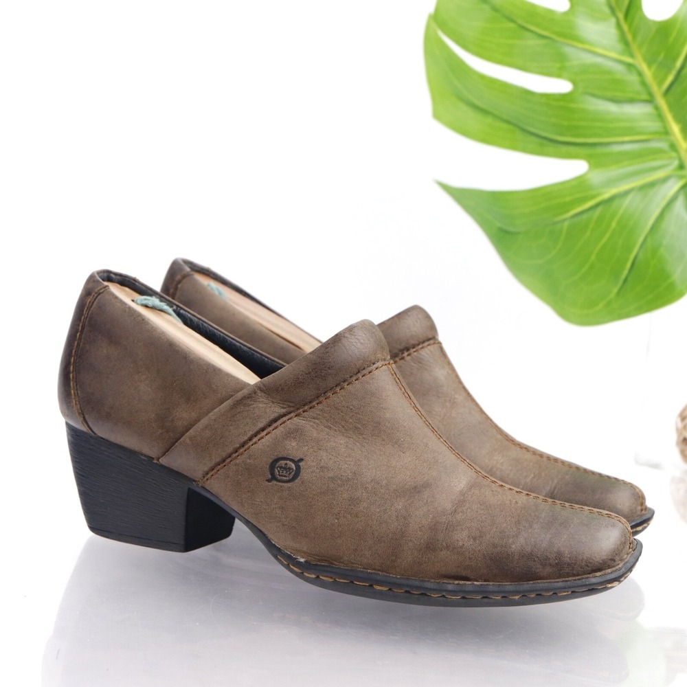 Born Womens Kinney Boot Pump Size 8 Brown Leather Comfort Shoe Block Heel SlipOn
